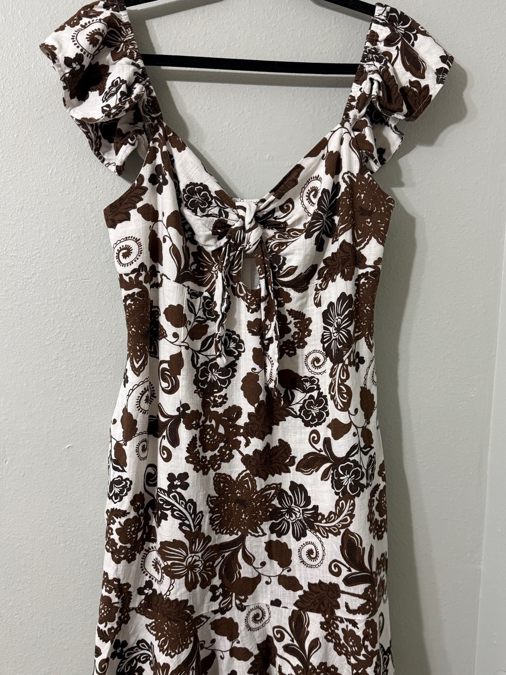 MinkPink Y2K Brown & White Floral Tie-Front Dress Flutter Ruffle Sleeve XL